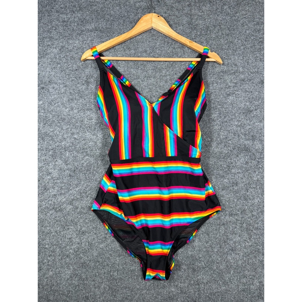 Torrid One Piece Swimsuit Womens 0 Black Rainbow Stripe Crossback Summer Beach